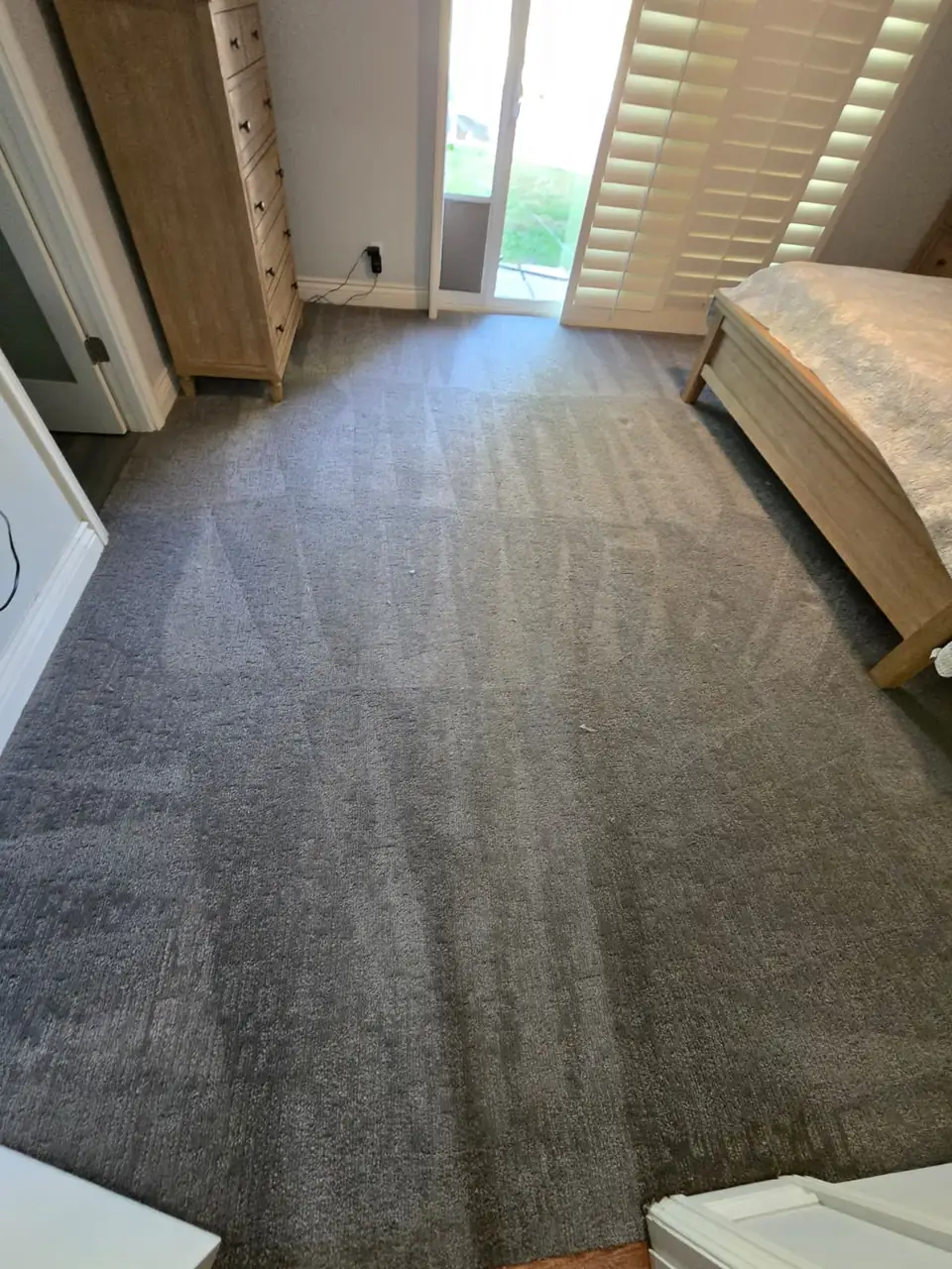 Bedroom carpet with fresh groom lines after cleaning
