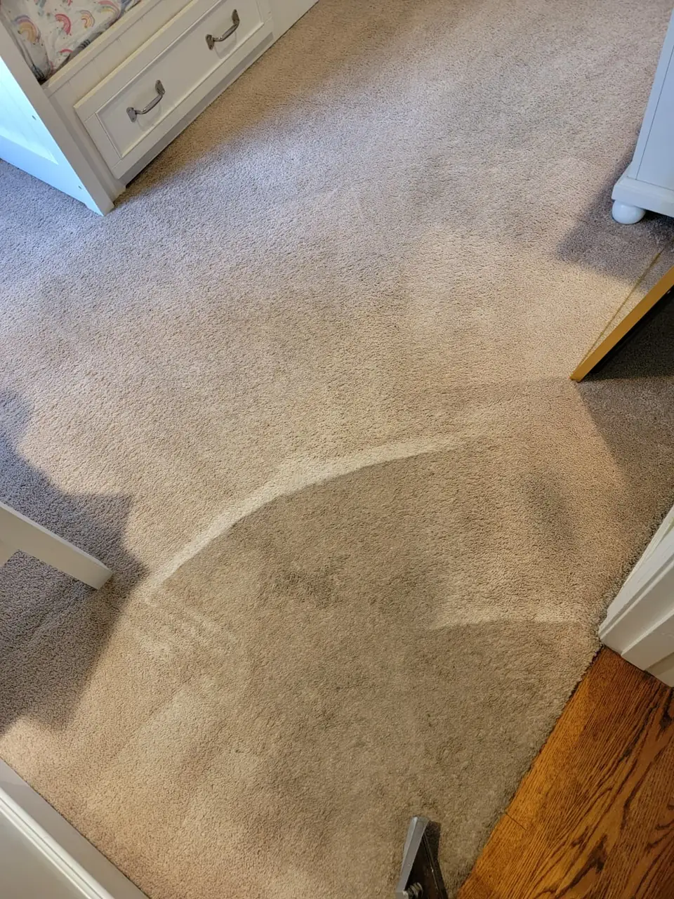 Light carpet showing a clear line between the cleaned and uncleaned areas