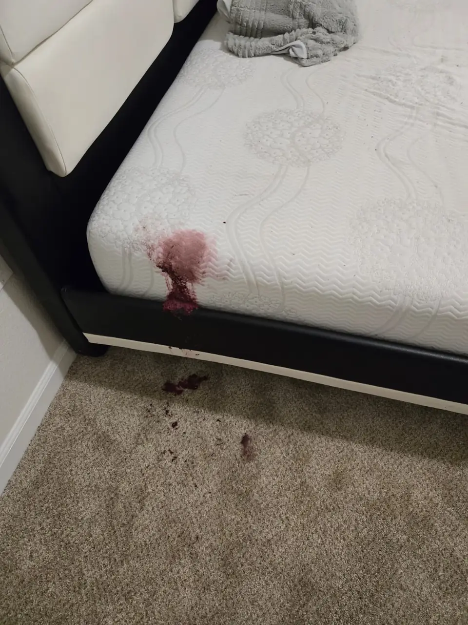 Red stain on a mattress edge and the carpet beside the bed